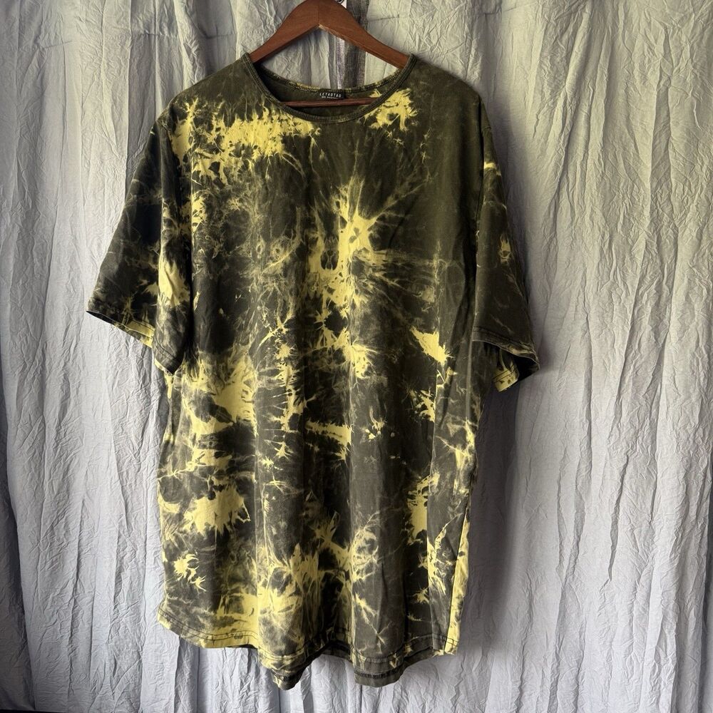 LETAOTAO Big & Tall 3XL Shirt Mens Yellow Black Bleach Tie Dye Longline Hipster
